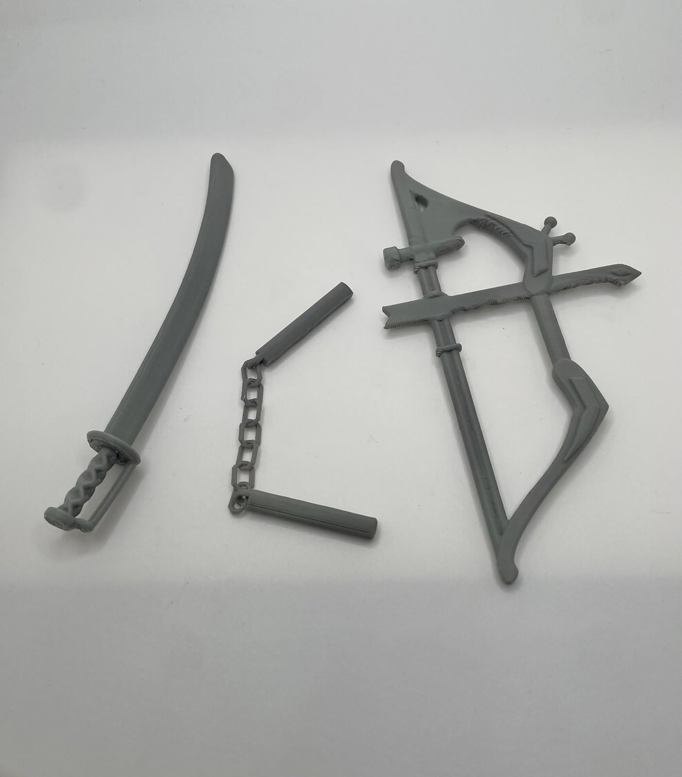Vintage Ninjor REPRO Weapons Bow Sword Nunchucks MOTU Masters of the Universe